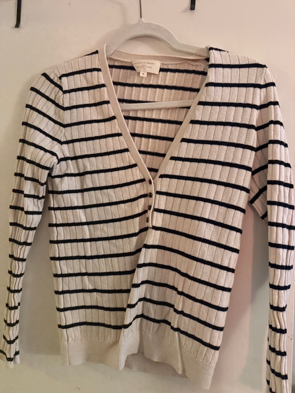 Sezane Striped Ribbed V-Neck Sweater Cardigan - Cream & Black